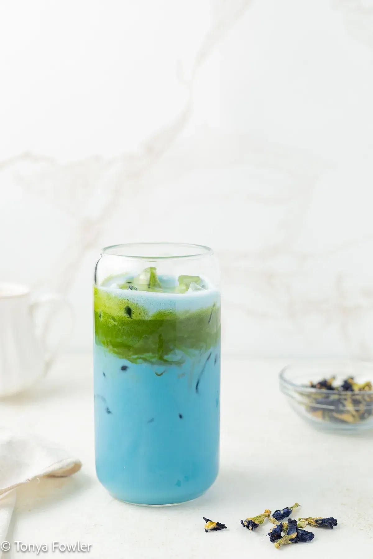 Butterfly pea flower latte with matcha.