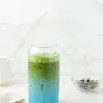 Butterly Pea Flower Matcha Latte in a glass.